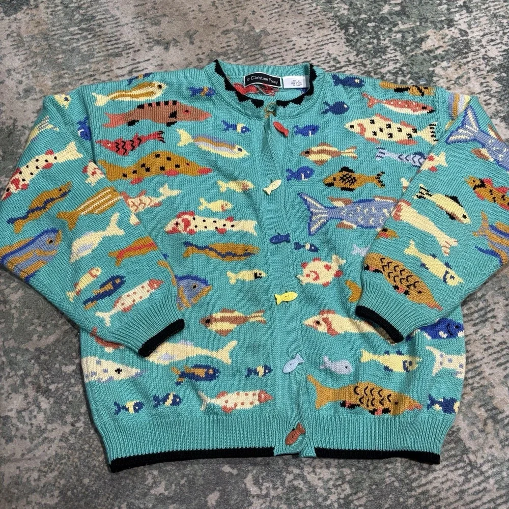 vintage Christine Foley fish cardigan Size 2 RARE See Measurements - Picture 1 of 7